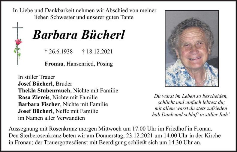 Traueranzeige Barbara Bücherl