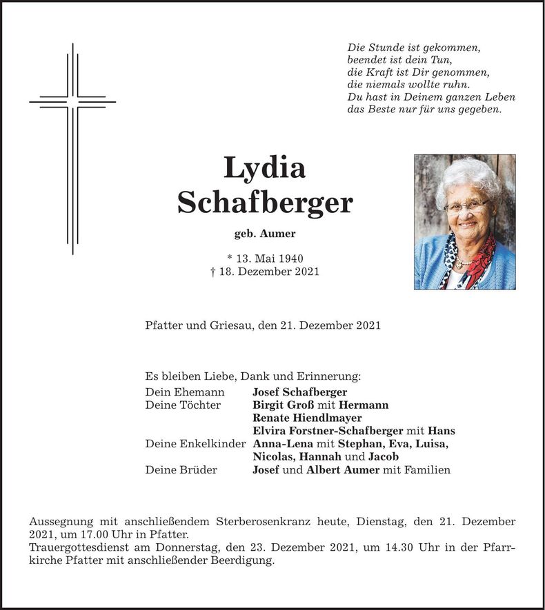 Traueranzeige Lydia Schafberger