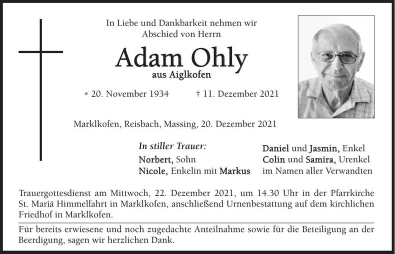 Traueranzeige Adam Ohly