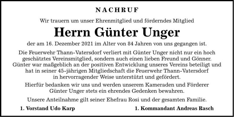 Traueranzeige Günter Unger
