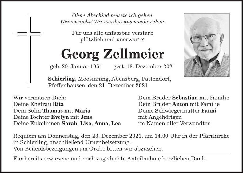 Traueranzeige Georg Zellmeier