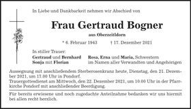 Traueranzeige Gertraud Bogner