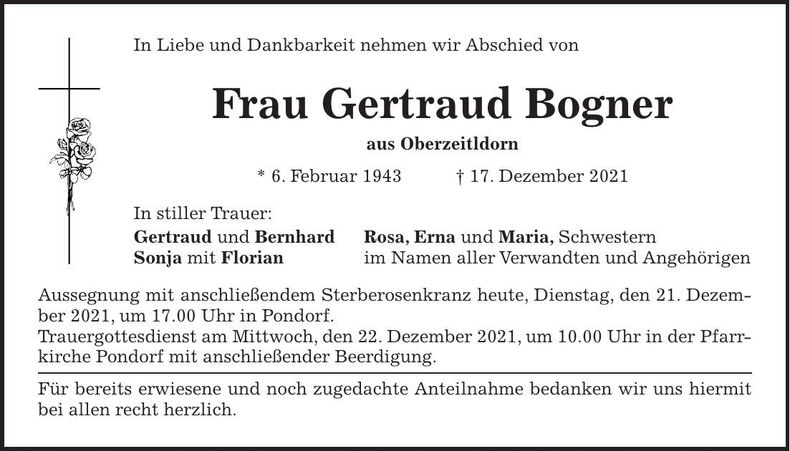 Traueranzeige Gertraud Bogner