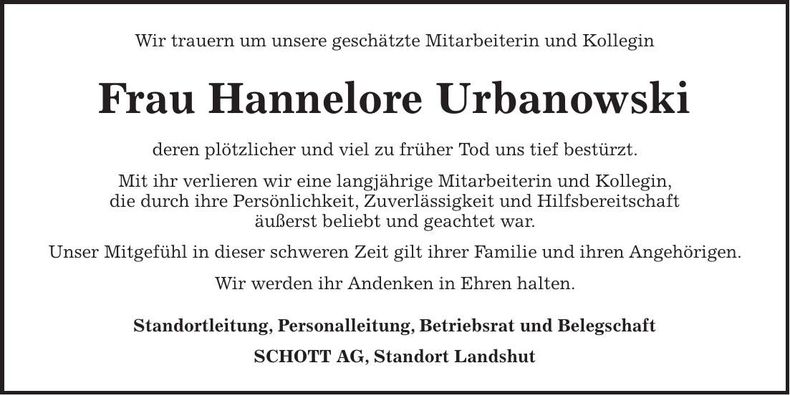 Traueranzeige Urbanowski Hannelore