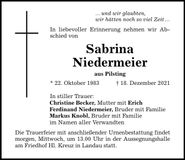 Traueranzeige Sabrina Niedermeier