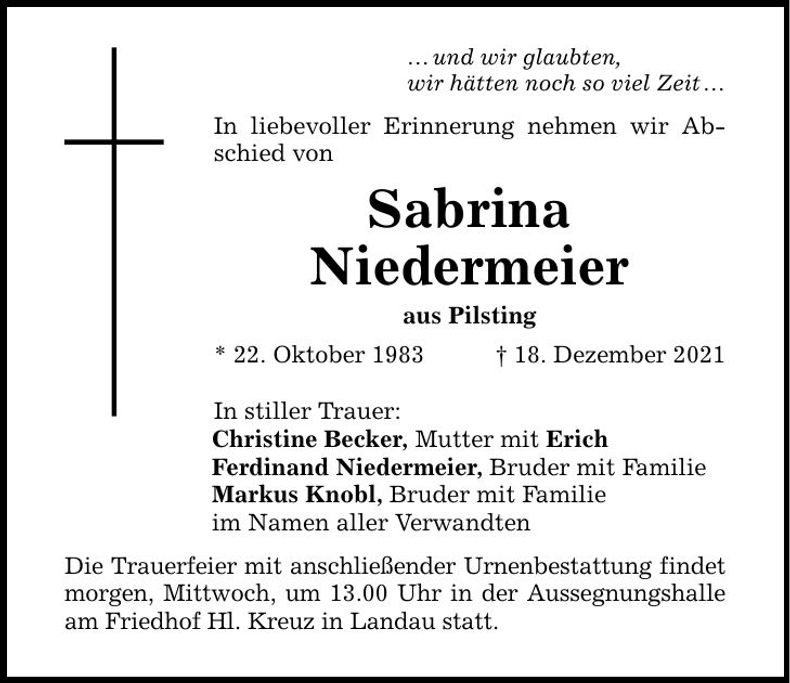 Traueranzeige Sabrina Niedermeier