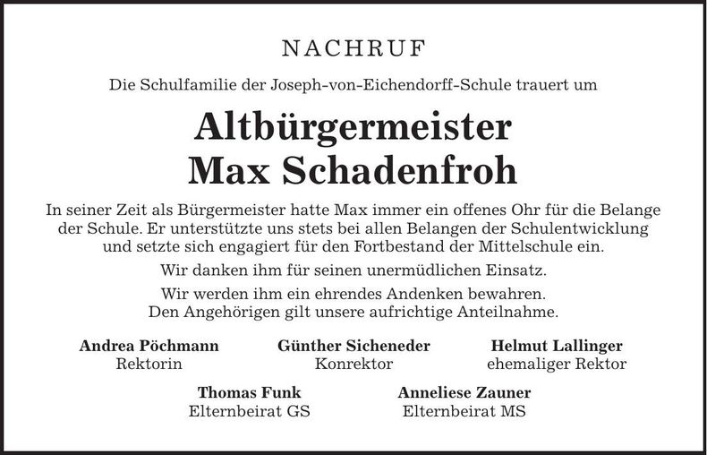 Traueranzeige Max Schadenfroh