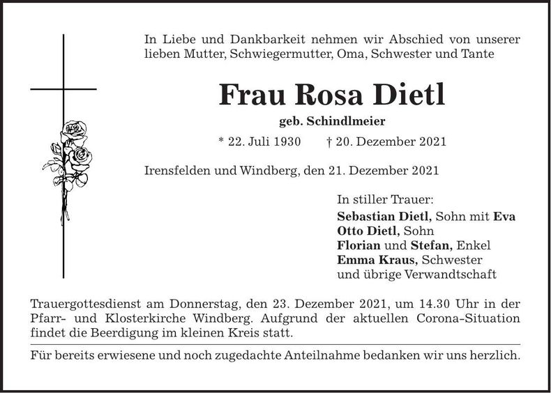 Traueranzeige Rosa Dietl