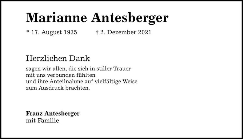 Traueranzeige Marianne Antesberger