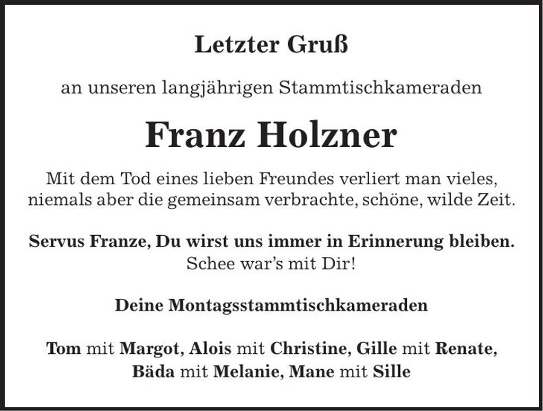 Traueranzeige Franz Holzner