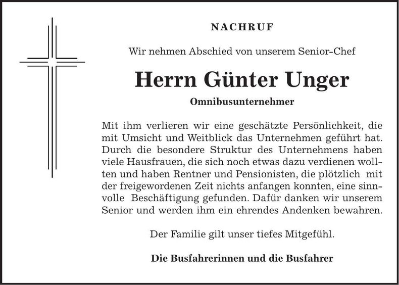 Traueranzeige Günter Unger