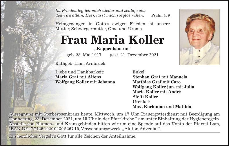 Traueranzeige Maria Koller