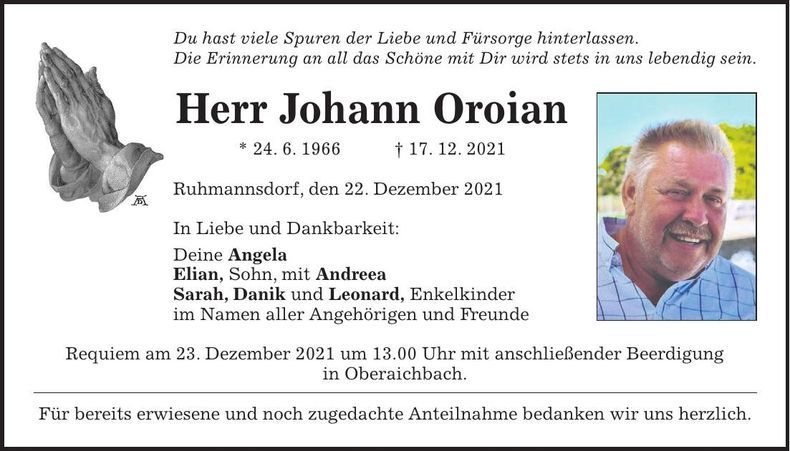Traueranzeige Johann Oroian