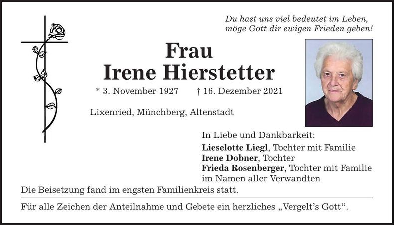 Traueranzeige Irene Hierstetter