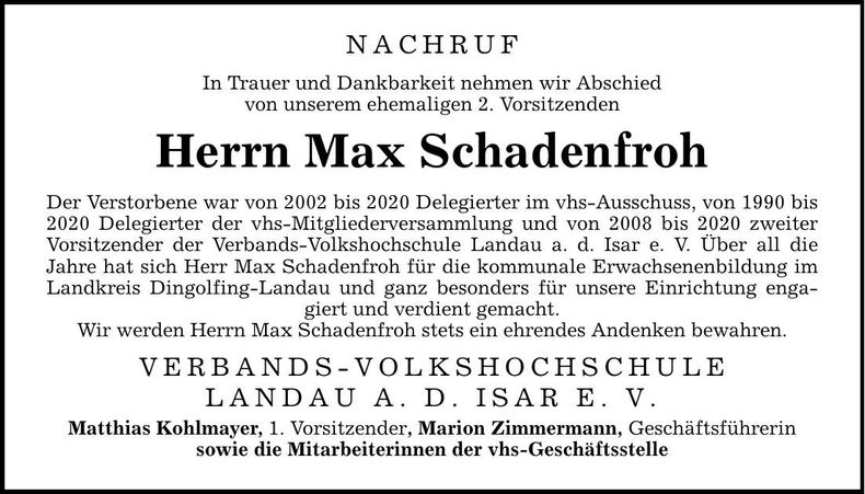 Traueranzeige Max Schadenfroh