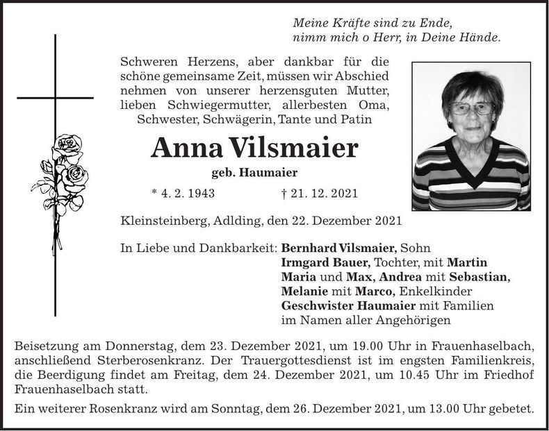 Traueranzeige Anna Vilsmaier