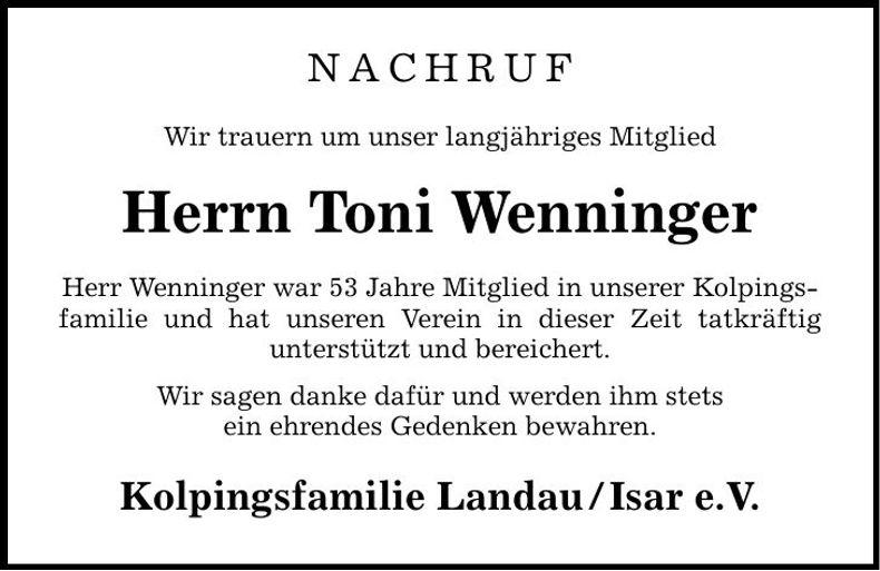 Traueranzeige Toni Wenninger