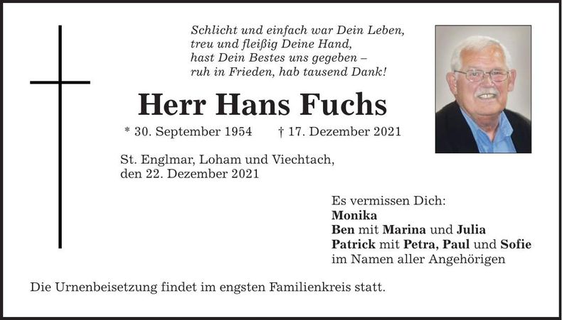 Traueranzeige Hans Fuchs