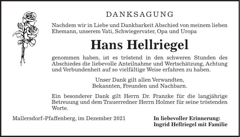 Traueranzeige Hans Hellriegel