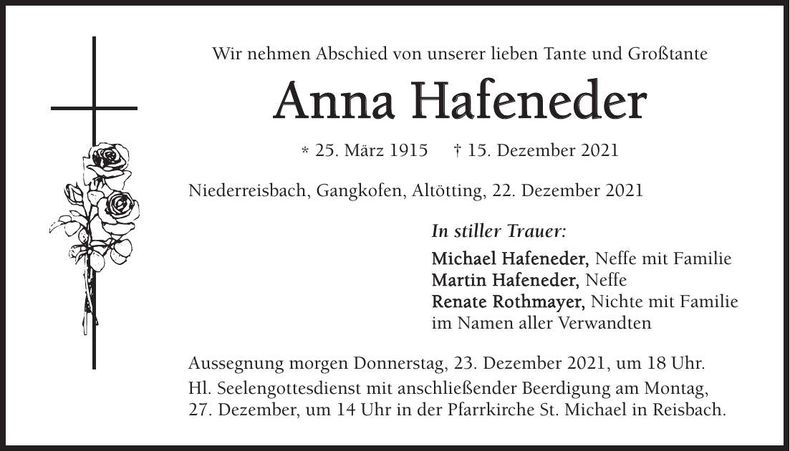Traueranzeige Anna Hafeneder