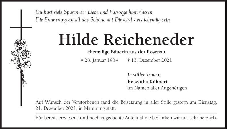 Traueranzeige Hilde Reicheneder