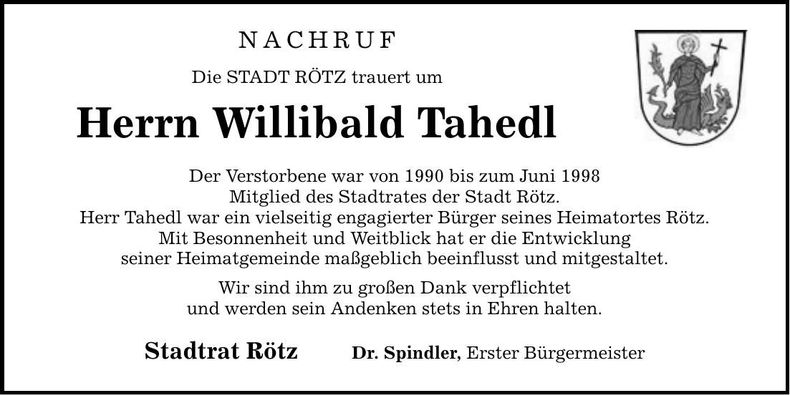 Traueranzeige Willibald Tahedl