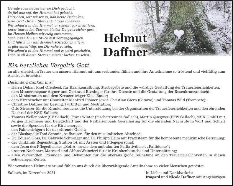 Traueranzeige Helmut Daffner