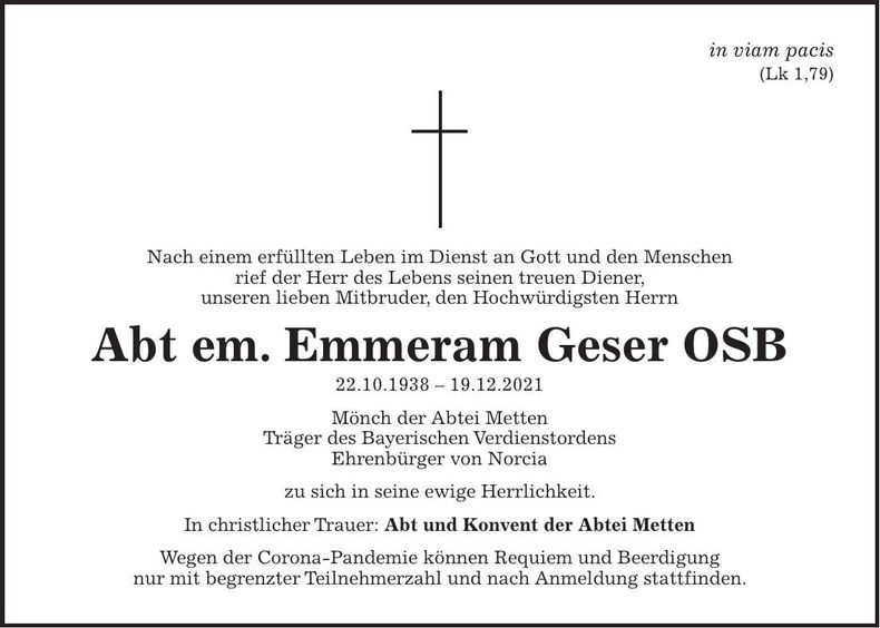 Traueranzeige Emmeram Geser