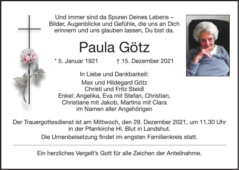Traueranzeige Paula Götz