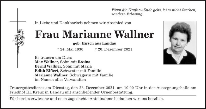 Traueranzeige Marianne Wallner