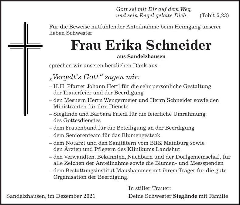 Traueranzeige Erika Schneider