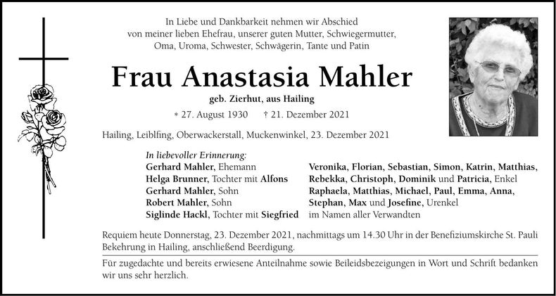 Traueranzeige Anastasia Mahler