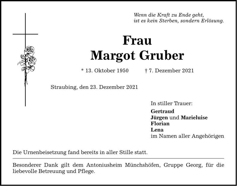 Traueranzeige Margot Gruber