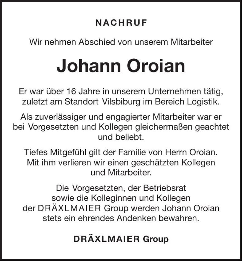 Traueranzeige Johann Oroian