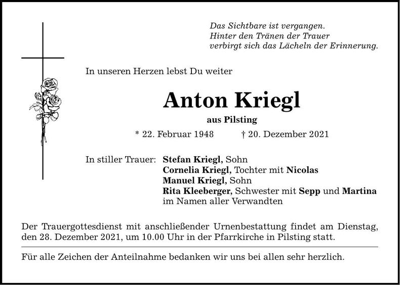 Traueranzeige Anton Kriegl