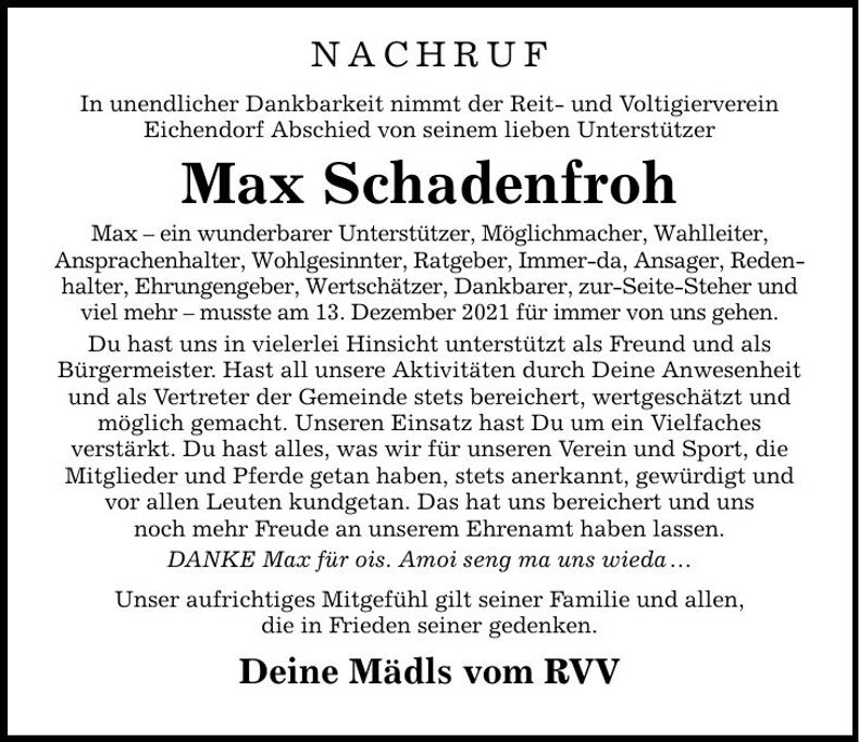Traueranzeige Max Schadenfroh