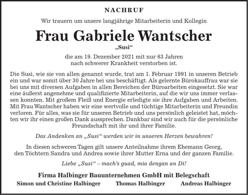 Traueranzeige Gabriele Wantscher
