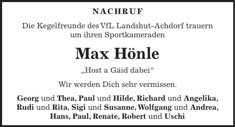 Traueranzeige Max Hönle