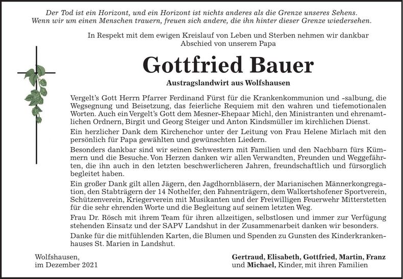 Traueranzeige Gottfried Bauer