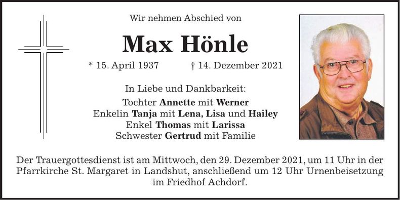 Traueranzeige Max Hönle