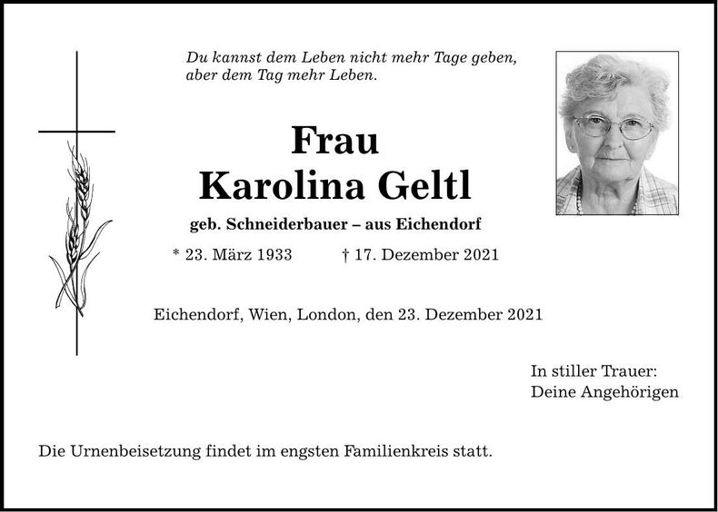 Traueranzeige Karolina Geltl