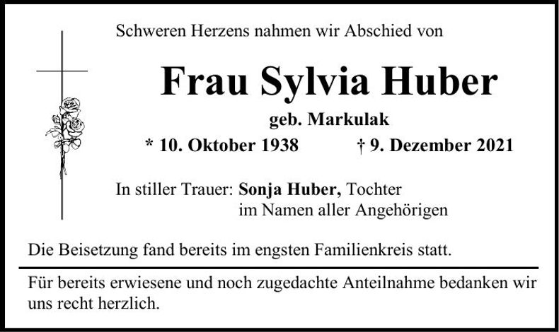 Traueranzeige Sylvia Huber