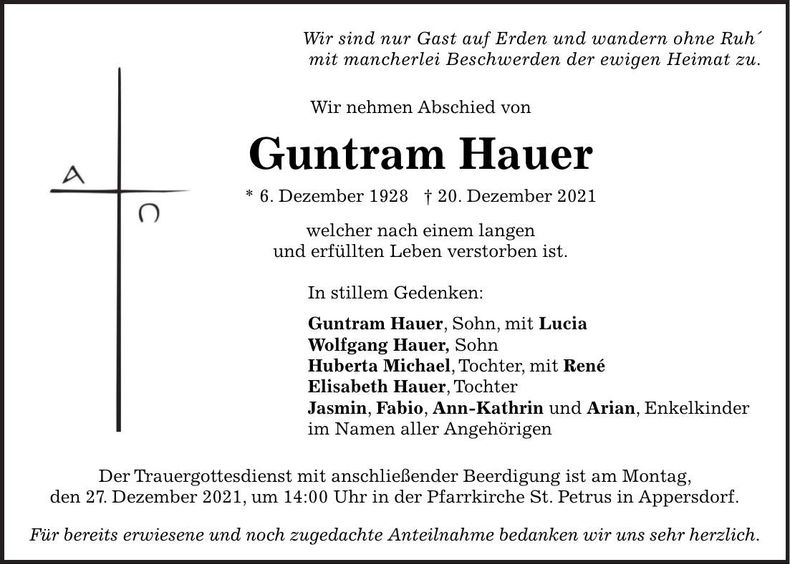 Traueranzeige Guntram Hauer