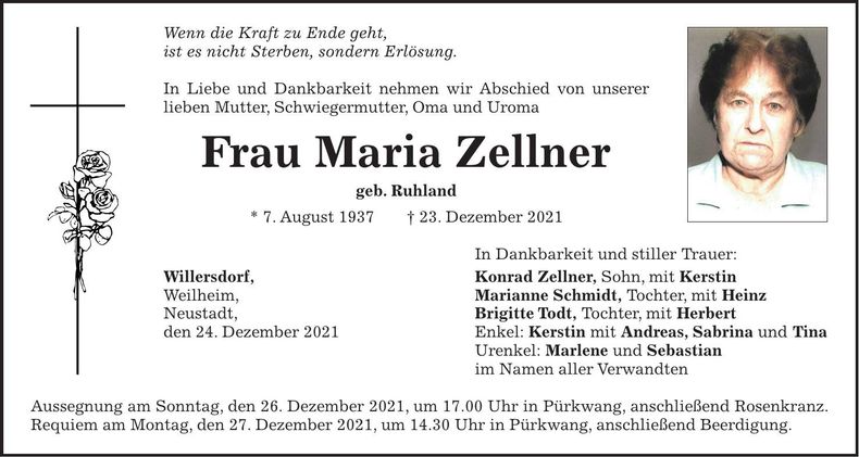 Traueranzeige Maria Zellner