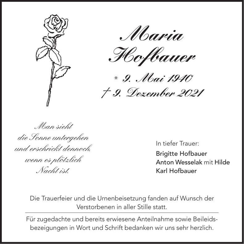 Traueranzeige Maria Hofbauer