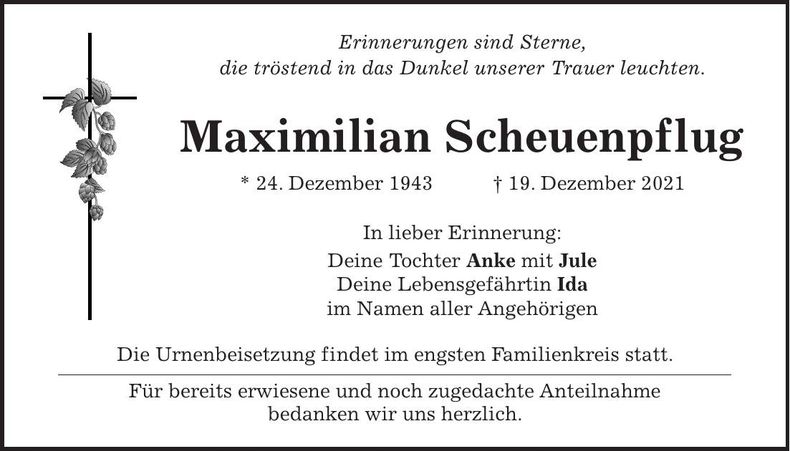Traueranzeige Maximilian Scheuenpflug