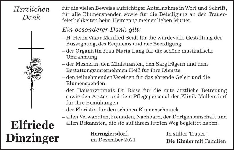 Traueranzeige Elfriede Dinzinger