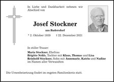 Traueranzeige Josef Stockner