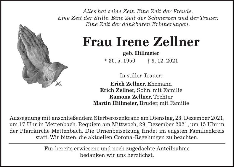 Traueranzeige Irene Zellner