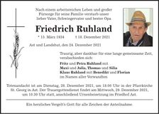 Traueranzeige Friedrich Ruhland